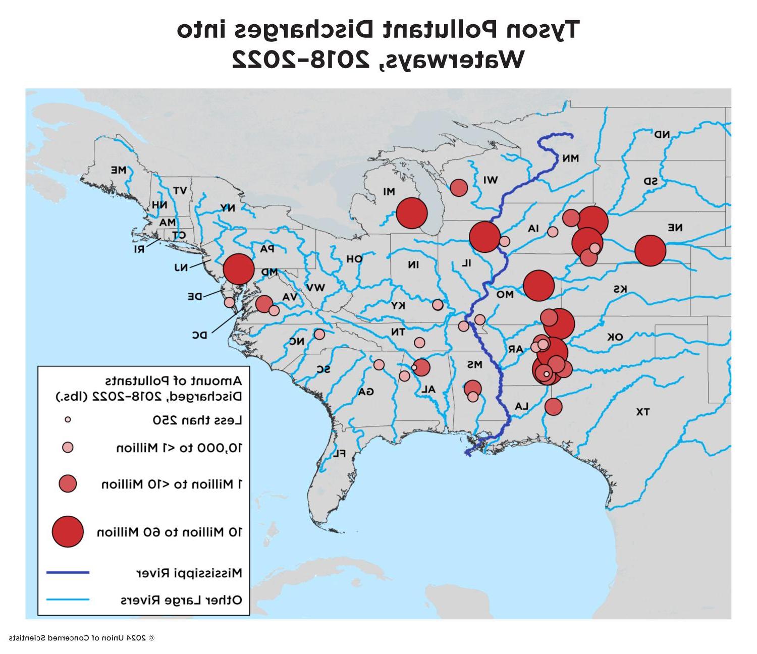 A map of the United States with circles in shades of red that represent Tyson meat processing plants, with the size of the circles based on the amount of pollutants discharged